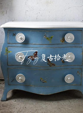 复古拾光法式复古实木彩绘玄关柜蓝色蝴蝶装饰柜卧室床头柜储物柜