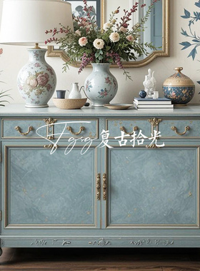 复古拾光法式复古实木雕花玄关柜美式复古蓝色做旧装饰柜储物柜