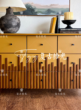 复古拾光 法式复古风实木玄关柜 黄色条纹装饰多抽屉储物柜 斗柜