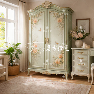 花卉彩绘双开门衣橱 复古实木衣柜 家用卧室储物柜 法式 复古拾光