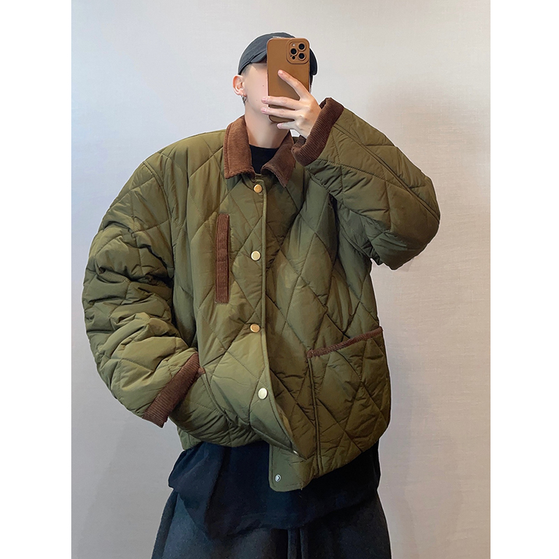 军绿色拼接灯芯绒菱格棉衣外套