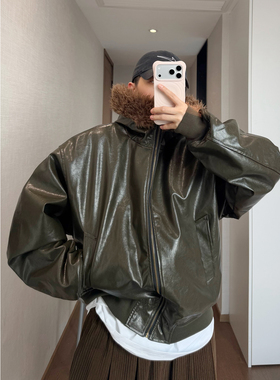 dannyandzee冬季复古军绿油蜡PU皮防风连帽毛领棉衣厚外套棉服男