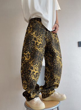 dannyandzee秋冬复古百搭咖啡色姜黄色斜纹帆布豹纹弯刀裤工装裤