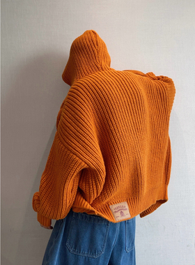 dannyandzee冬季复古慵懒重磅1.5KG连帽粗棒针纽扣毛衣厚外套男