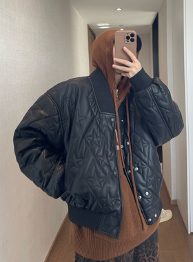 dannyandzee冬季复古街头五角星绗棉防风保暖黑色PU皮棉衣厚外套