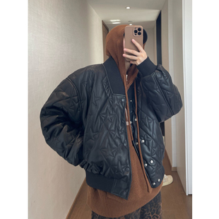 dannyandzee冬季复古街头五角星绗棉防风保暖黑色PU皮棉衣厚外套