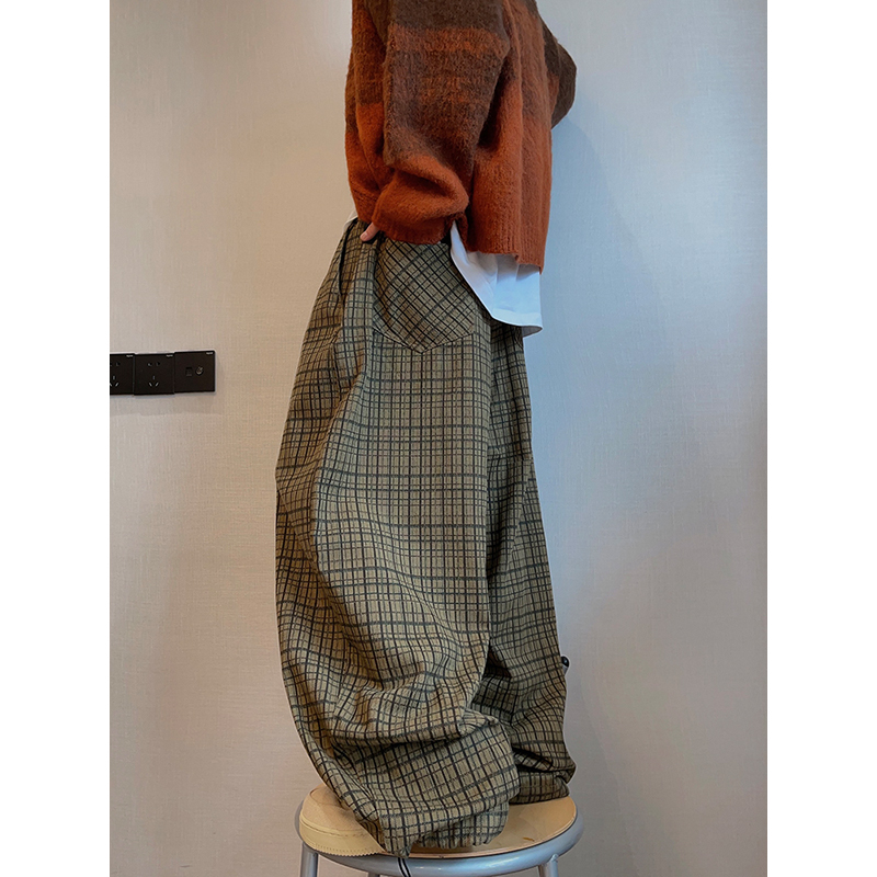 斜纹帆布细格子阔腿工装裤