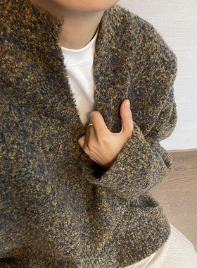 dannyandzee冬季复古百搭慵懒宽松大版型圣诞苔藓绿V领落肩毛衣男