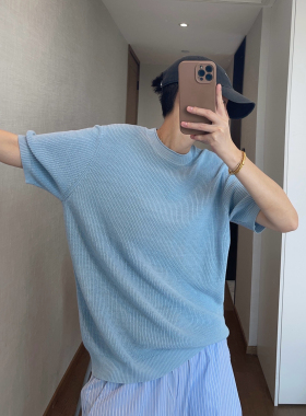 dannyandzee夏季复古百搭浅蓝色卷边领口合身针织短袖T恤男情侣