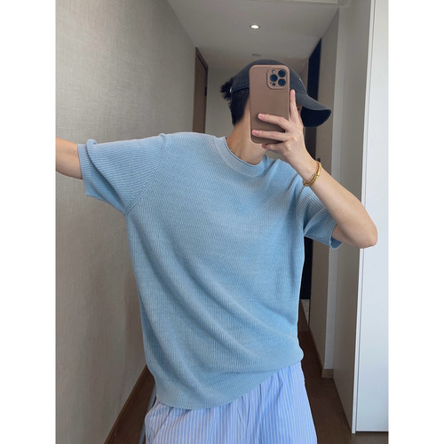 dannyandzee夏季复古百搭浅蓝色卷边领口合身针织短袖T恤男情侣