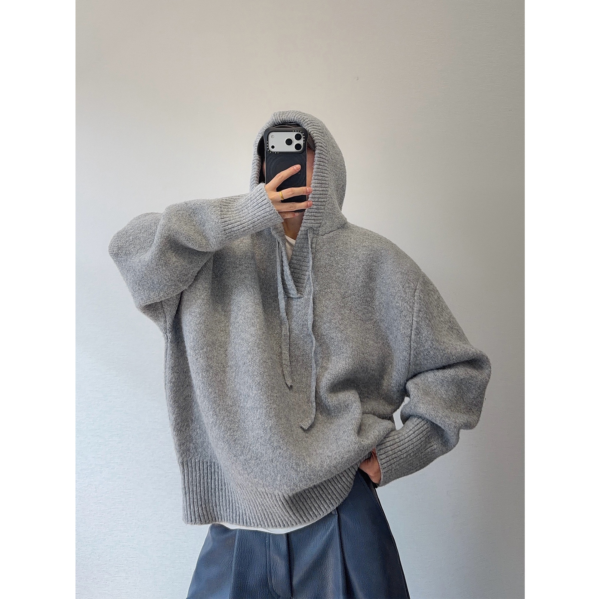 dannyandzee秋冬复古百搭浅灰色重磅加厚保暖宽松套头连帽毛衣男