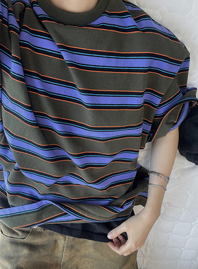 dannyandzee夏季280g棉复古军绿紫色条纹宽松大版型毛边短袖T恤男