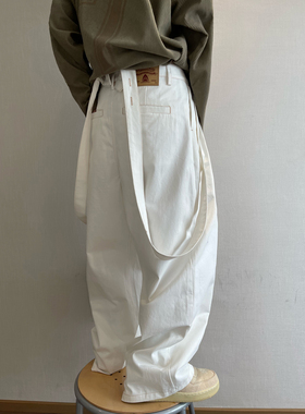 dannyandzee秋季复古百搭水洗做旧宽松白色工装背带裤男直筒裤INS