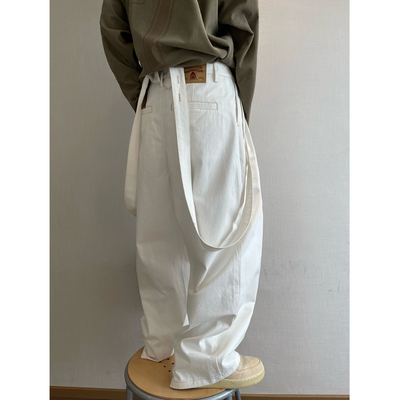 dannyandzee春季复古百搭水洗做旧宽松白色工装背带裤男直筒裤INS