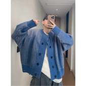 dannyandzee冬季 复古慵懒重磅粗条纹双排扣加厚保暖毛衣外套男INS