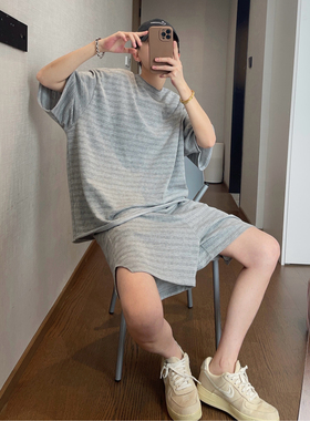 dannyandzee夏季复古百搭慵懒浅灰色条纹宽松毛边短袖套装男情侣