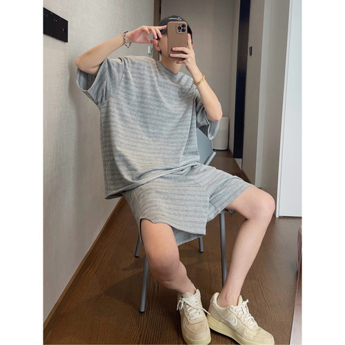 dannyandzee夏季复古百搭慵懒浅灰色条纹宽松毛边短袖套装男情侣