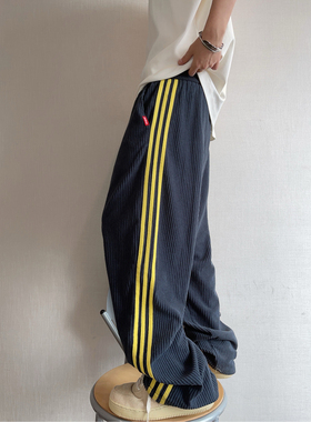 dannyandzee春季复古宽松藏青色灯芯绒侧边条纹织带直筒裤男长裤
