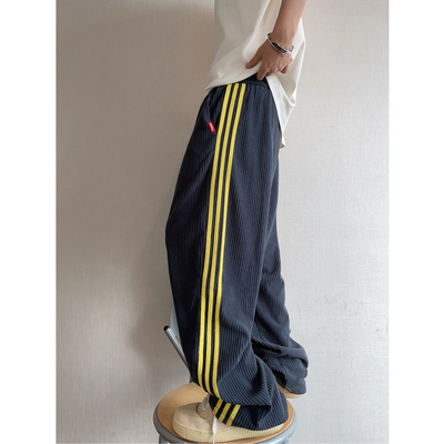 dannyandzee春季复古宽松藏青色灯芯绒侧边条纹织带直筒裤男长裤