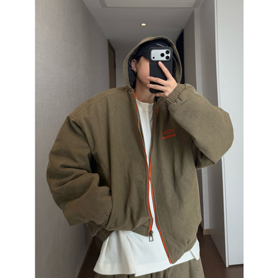 dannyandzee秋冬复古军绿色水洗帆布双线加厚保暖连帽棉衣外套男