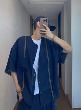 dannyandzee夏季复古百搭藏青色麻料织带宽松薄款毛边短袖衬衫男
