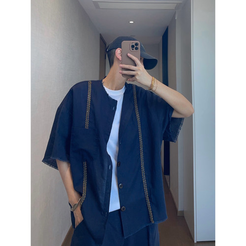 dannyandzee夏季复古百搭藏青色麻料织带宽松薄款毛边短袖衬衫男
