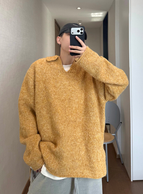 dannyandzee秋冬复古百搭宽松软糯V领粗线套头翻领落肩针织毛衣男