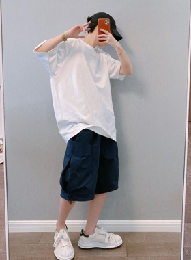 dannyandzee夏季潮流纯色百搭叠穿帅气圆领BF情侣宽松棉短袖T恤男