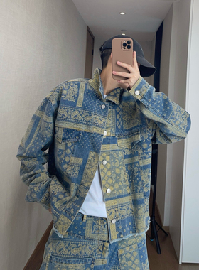 dannyandzee春夏薄款黄色腰果花满印撞色短款毛边牛仔夹克外套男