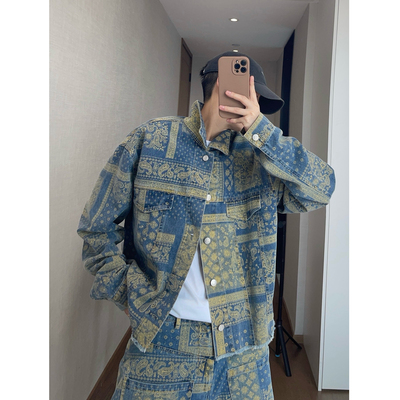 dannyandzee春夏薄款黄色腰果花满印撞色短款毛边牛仔夹克外套男