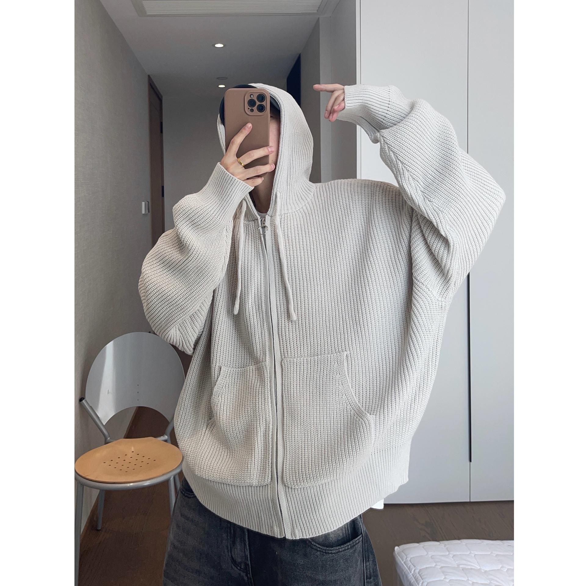 dannyandzee秋冬复古百搭纯色浅灰色宽松连帽落肩拉链毛衣外套男