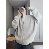 dannyandzee春季 复古百搭纯色浅灰色宽松连帽落肩拉链毛衣外套男