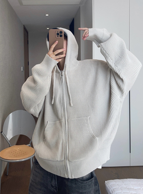 dannyandzee秋冬复古百搭纯色浅灰色宽松连帽落肩拉链毛衣外套男