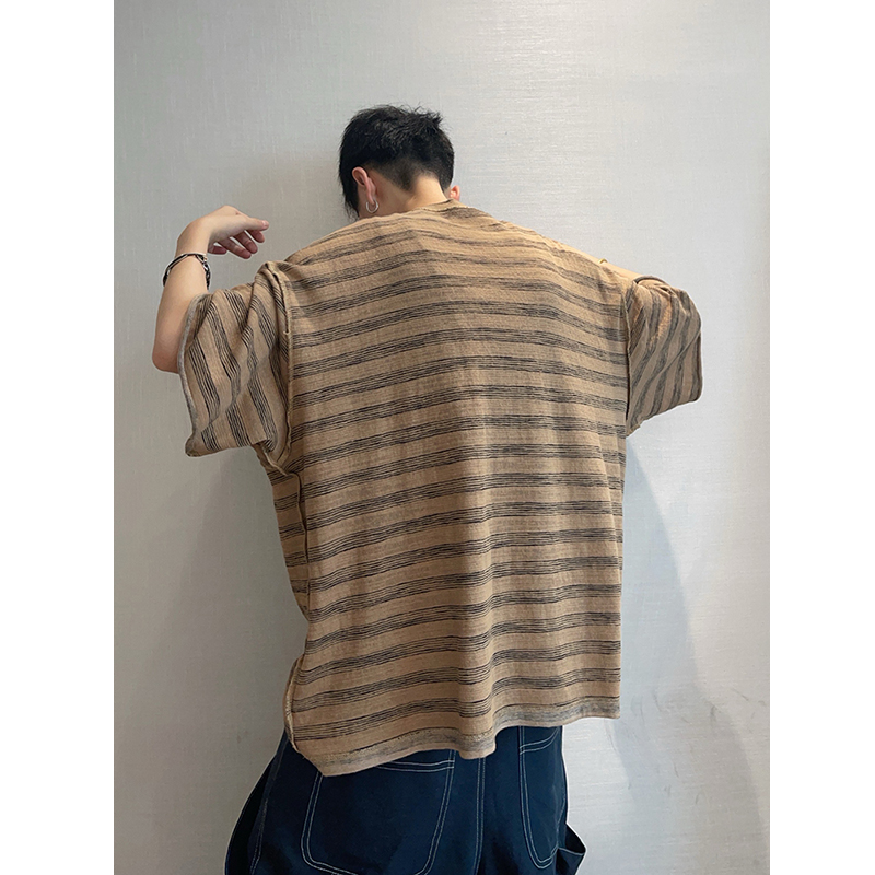 dannyandzee夏季复古宽松手绘风格反做两面穿条纹短袖T恤男情侣