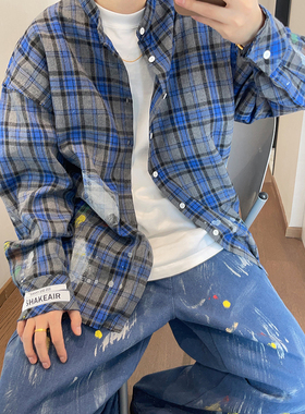 dannyandzee秋季复古灰蓝色格子立领毛边做旧手工刷漆长袖衬衫男