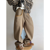 男长裤 dannyandzee春季 复古虎纹织带宽松加厚棕色保暖呢料弯刀裤