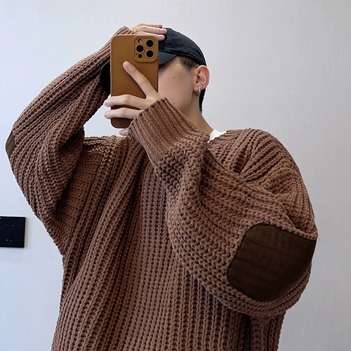 Демисезонный ретро кофейный трикотажный брендовый свитер, свободный крой, круглый воротник