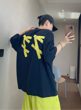 dannyandzee夏季复古宽松薄款棉数字印花大版型短袖T恤男半袖球衣