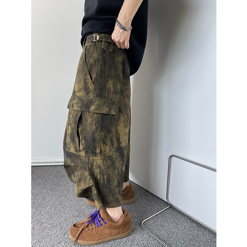 dannyandzee夏季复古高街军绿色涂鸦迷彩毛边口袋工装七分裤男INS