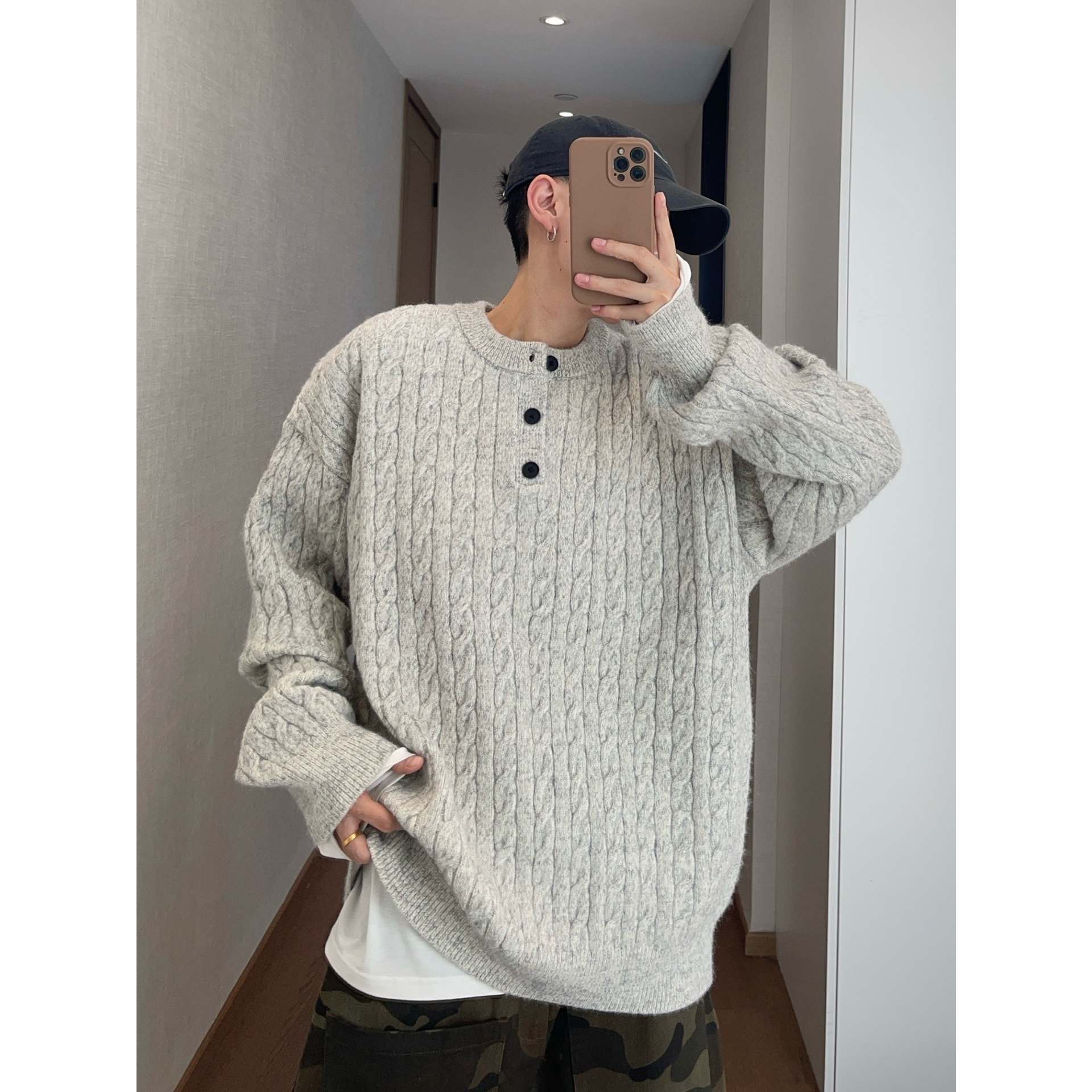 dannyandzee秋冬复古保暖合身款绞花亨利领套头针织纽扣毛衣男INS