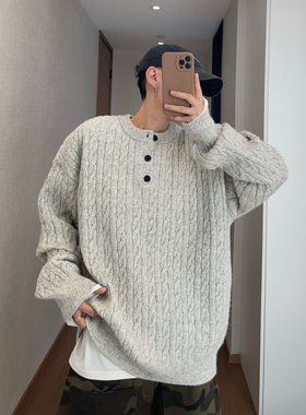 dannyandzee秋冬复古保暖合身款绞花亨利领套头针织纽扣毛衣男INS