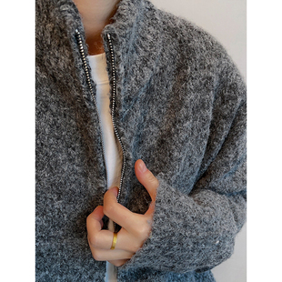 dannyandzee秋冬复古百搭耐脏慵懒风宽松深灰色拉链毛衣外套男INS