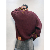 dannyandzee秋季 复古百搭酒红色显白宽松手工穿线开衫 毛衣外套男