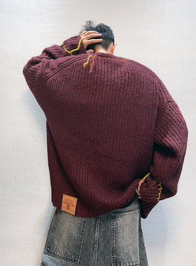 dannyandzee秋季复古百搭酒红色显白宽松手工穿线开衫毛衣外套男