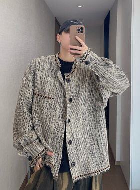 dannyandzee春夏松弛感混色复古宽松毛边织带编织夹克外套男情侣