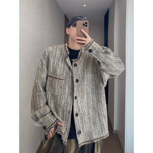 dannyandzee春夏松弛感混色复古宽松毛边织带编织夹克外套男情侣