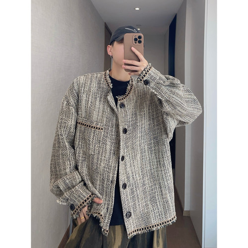 dannyandzee春夏松弛感混色复古宽松毛边织带编织夹克外套男情侣