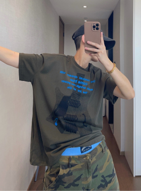 dannyandzee夏季复古薄款水洗军绿色棉吉他印花短袖T恤男半袖TEE