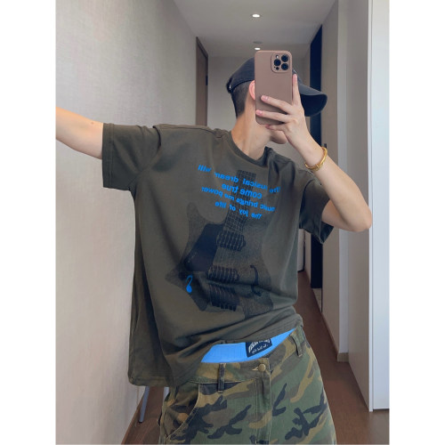 dannyandzee夏季复古薄款水洗军绿色棉吉他印花短袖T恤男半袖TEE
