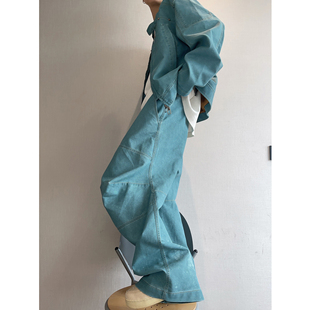 dannyandzee秋冬复古松石绿做旧重水洗炒雪花斑驳防风PU皮裤 男INS